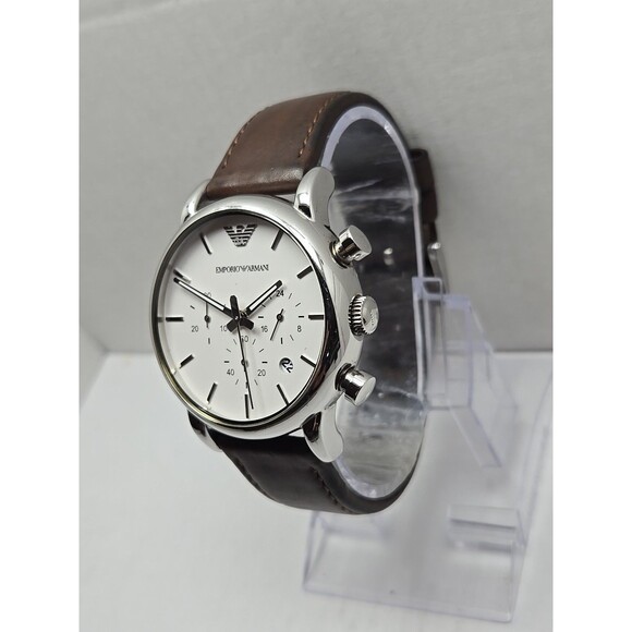 Emporio Armani Luigi AR1846 Chronograph White Dial Brown Leather New Battery - Picture 2 of 12